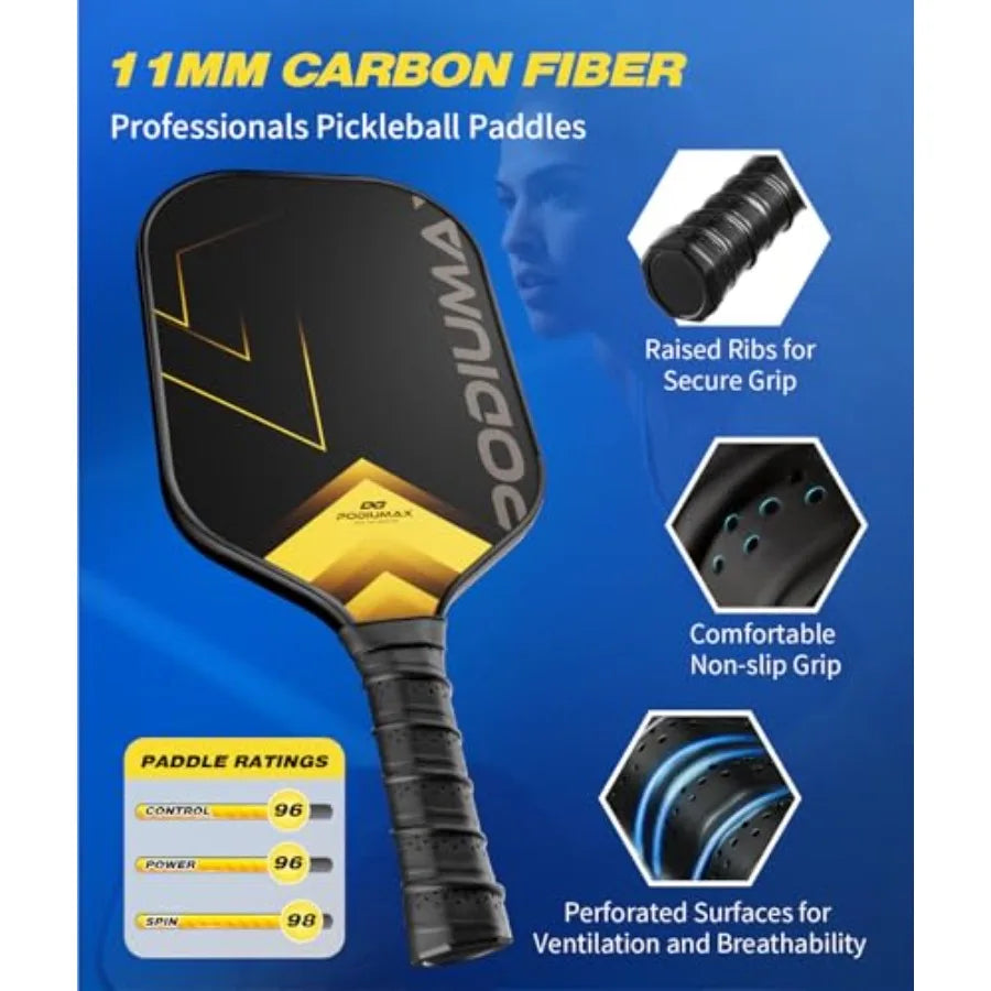 Tennis Ball Picker Upper Pickleball Paddles: Carbon Fiber Racket with 11mm Ultra-Thin Hexa Polymer Core, Black/Gray, Lightweigh