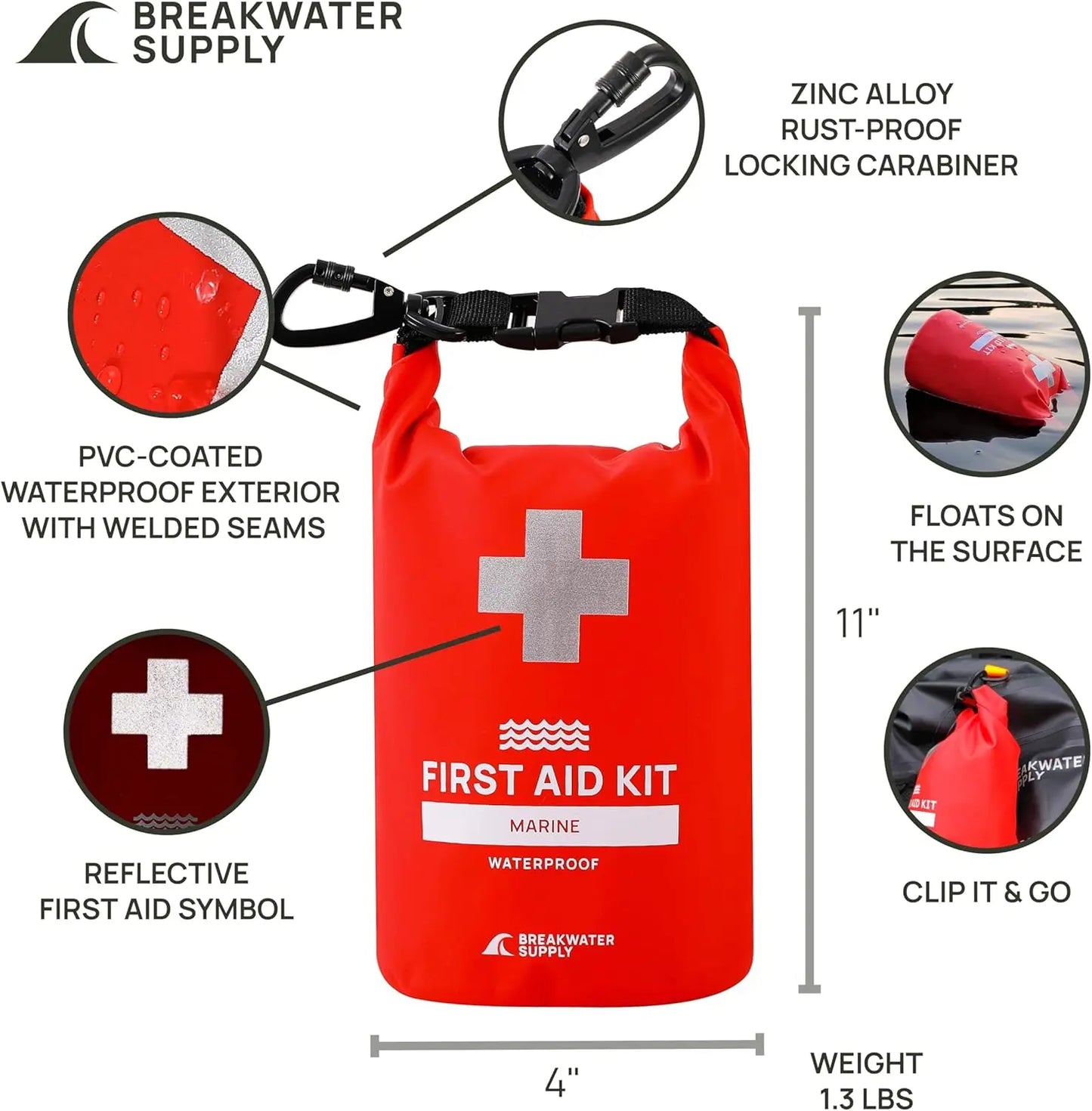 Waterproof First Aid Kit with Emergency Supplies for Boating, Camping, Fishing - Includes Carabiner and Trauma Gear