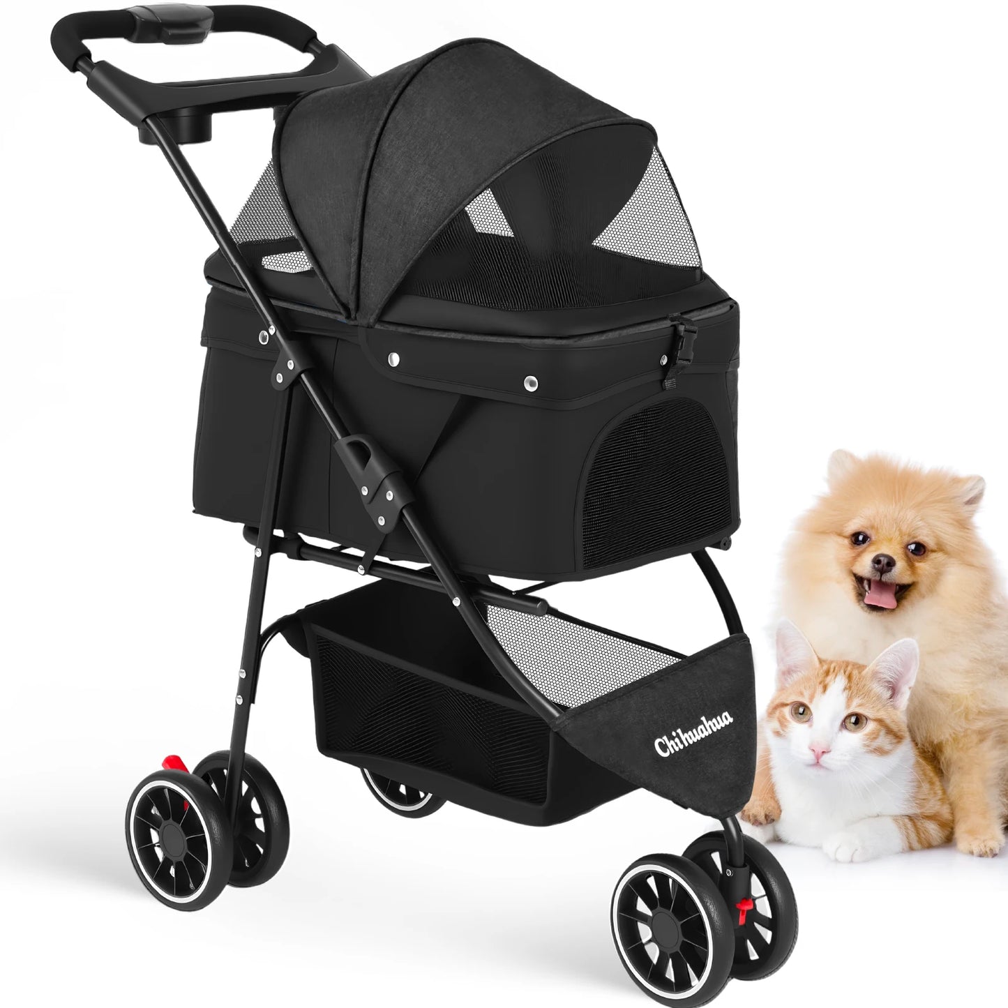 Chihuahua Pet Stroller Three Wheel Foldable With Breathable Mesh Canopy