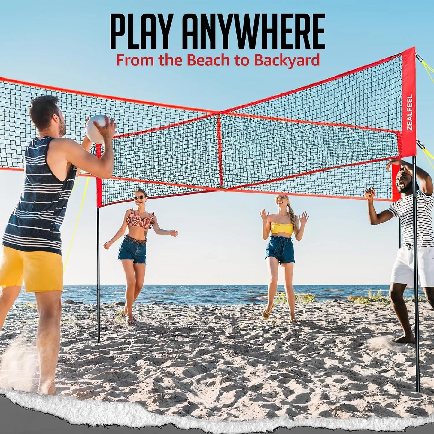 4-Way Volleyball & Badminton Combo Net, 3 Heights Adjustable, 14FT, with Ball, Pump, Carry Bag, for Backyard Beach Lawn