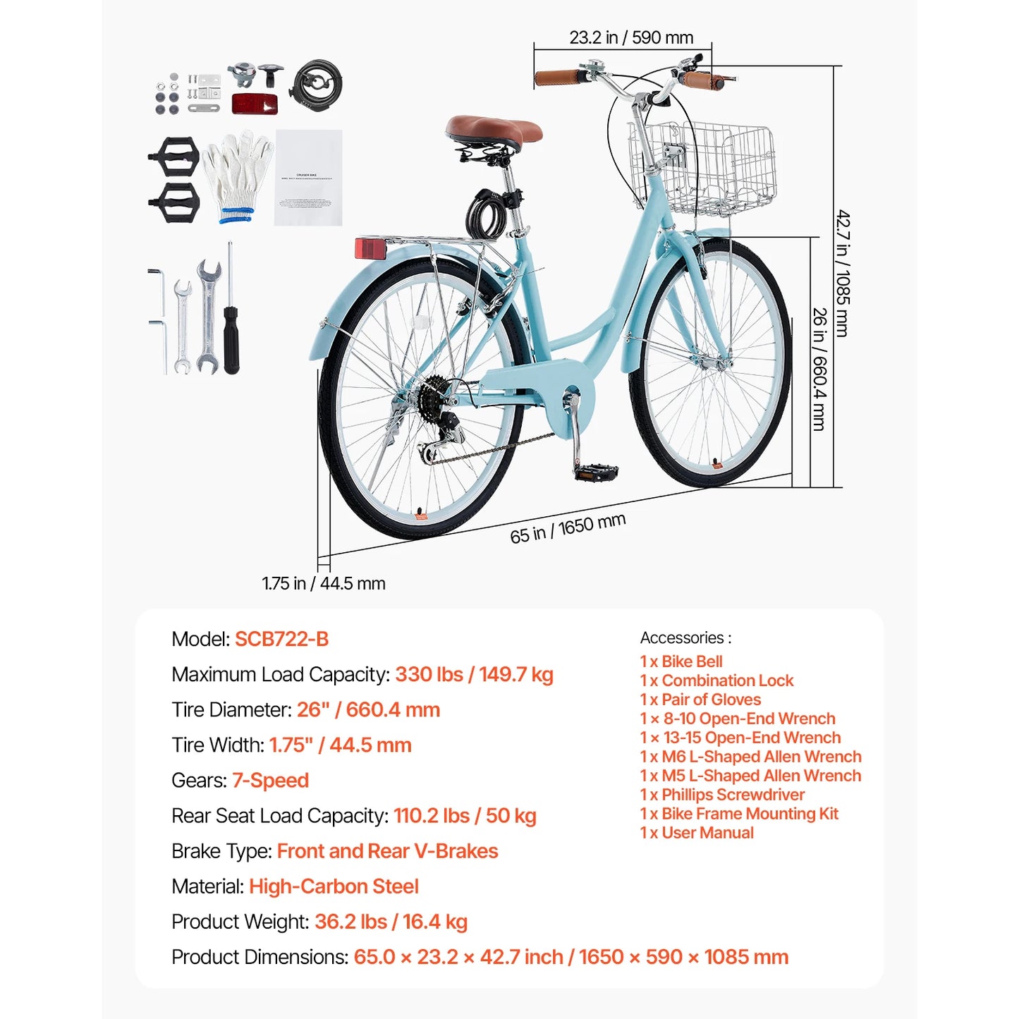 SucceBuy Steel Beach Cruiser Bike With Basket And Rear Rack