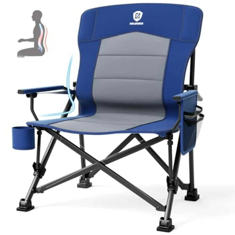 Oversized Folding Camping Chair for Adults with Adjustable Lumbar Support, Heavy Duty Chair with Side Pockets, Portable Collaps