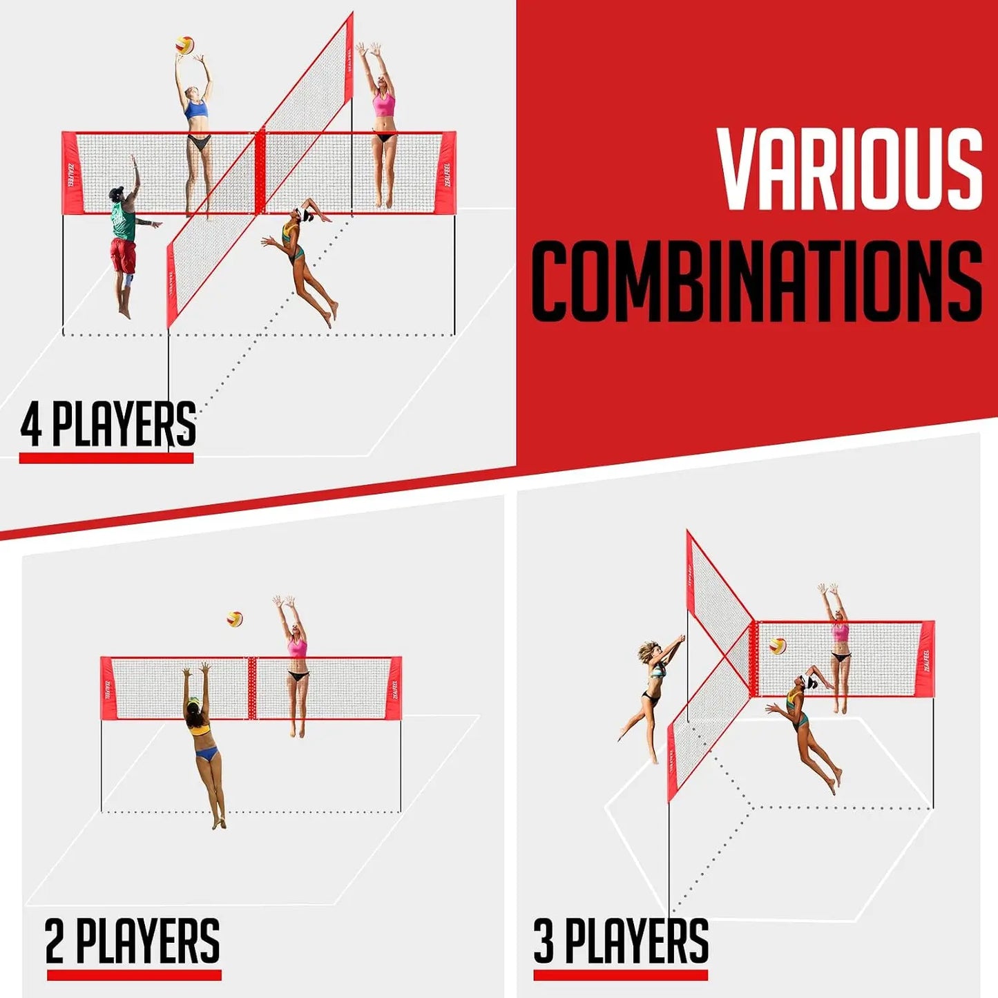 4-Way Volleyball & Badminton Combo Net, 3 Heights Adjustable, 14FT, with Ball, Pump, Carry Bag, for Backyard Beach Lawn