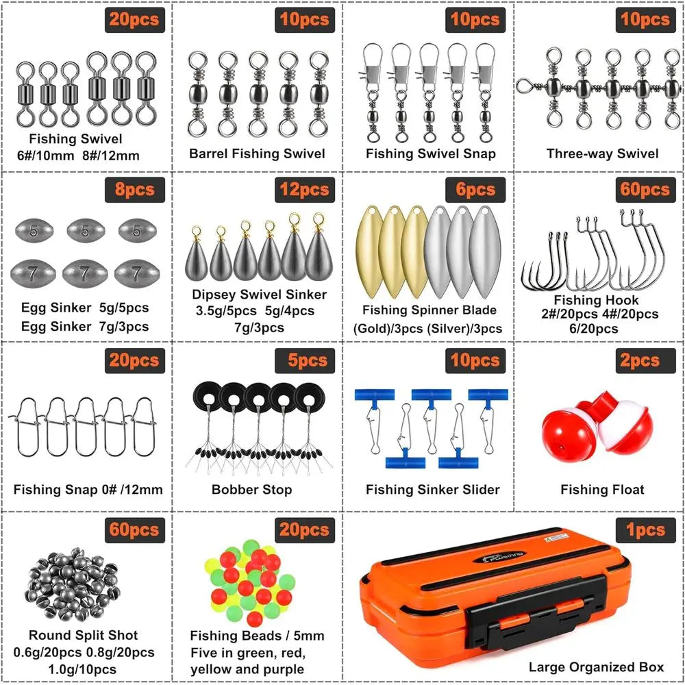 Complete Fishing Kit: 387pcs Tackle Box with Hooks, Sinkers, Spinners for Bass, Trout & Crappie