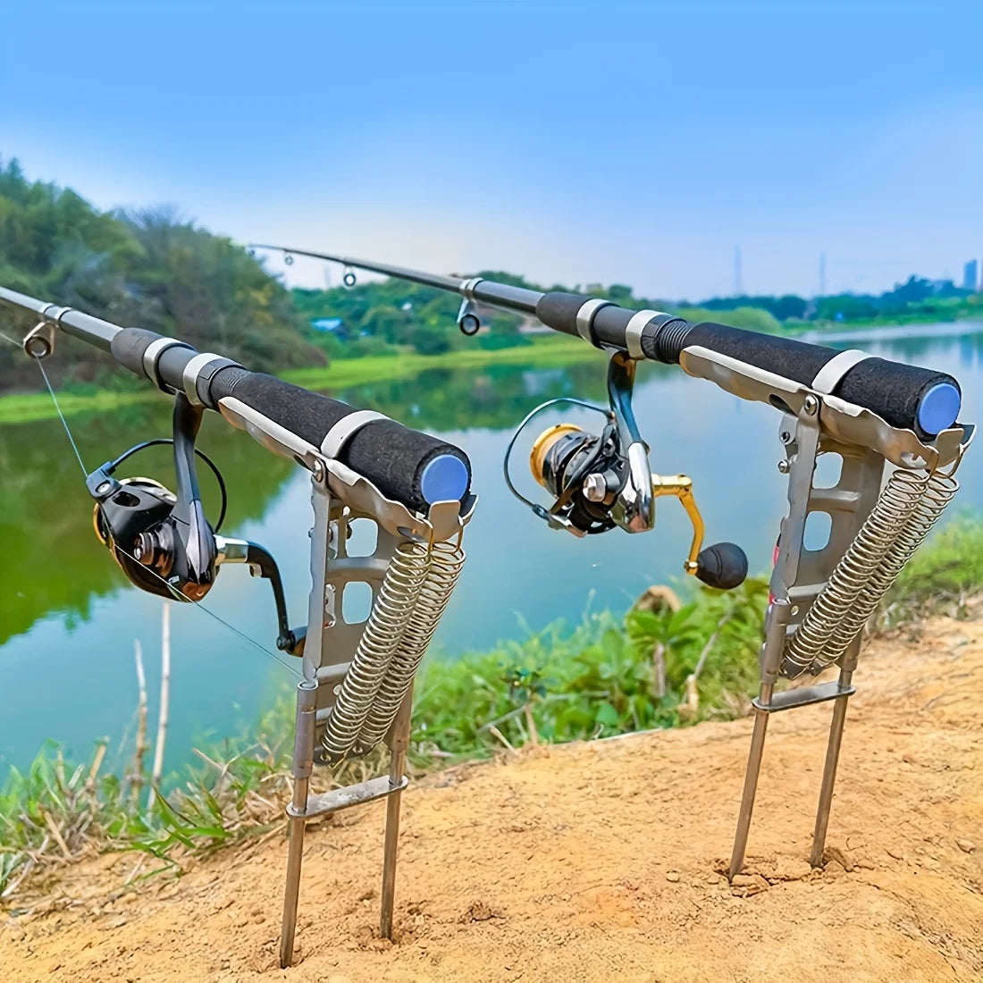 Automatic Spring Fishing Rod Holder Adjustable Folding Stainless Steel 2Pack
