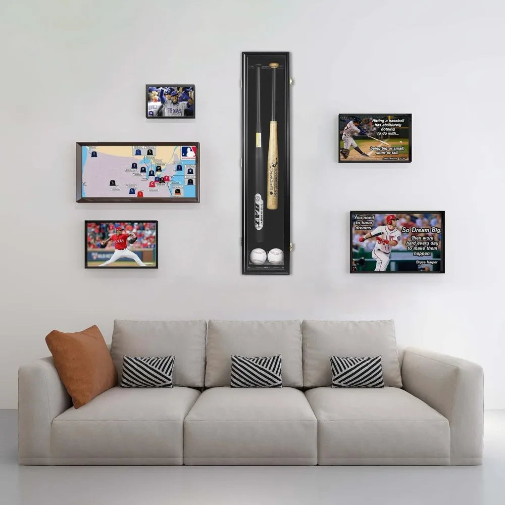 2 Baseball Bat Display Case Wooden Frame Acrylic Transparent Door Wall Mounted Shadow Box Vertical or Horizontal, UV Protection-Lock