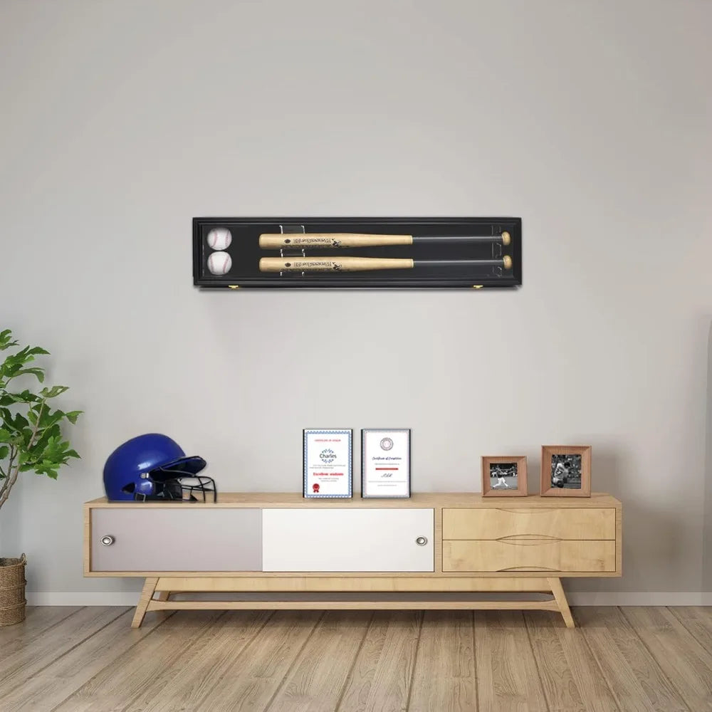 2 Baseball Bat Display Case Wooden Frame Acrylic Transparent Door Wall Mounted Shadow Box Vertical or Horizontal, UV Protection-Lock
