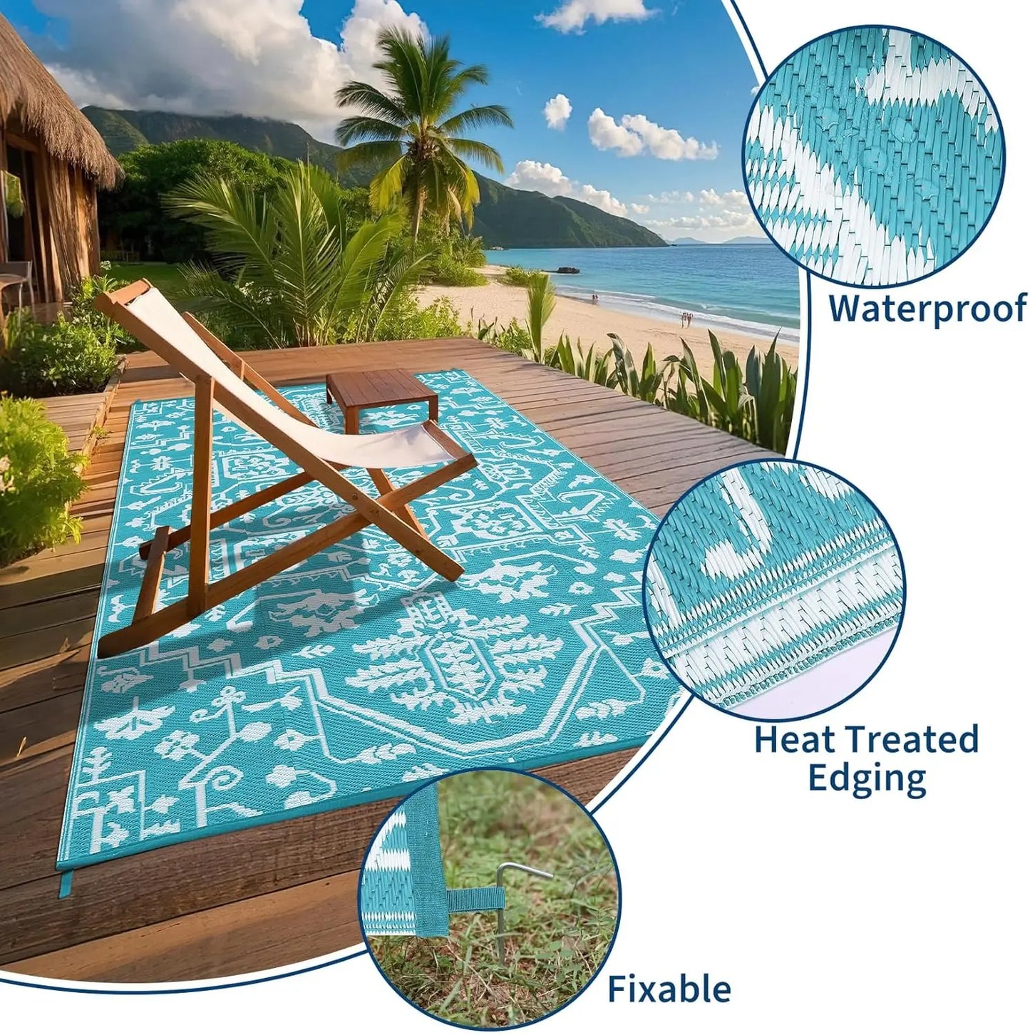 Waterproof Outdoor Area Rug Stain-Resistant Plastic Straw Carpet Easy-Cleaning Indoor Outdoor RV Mat for Deck Camping Balcony