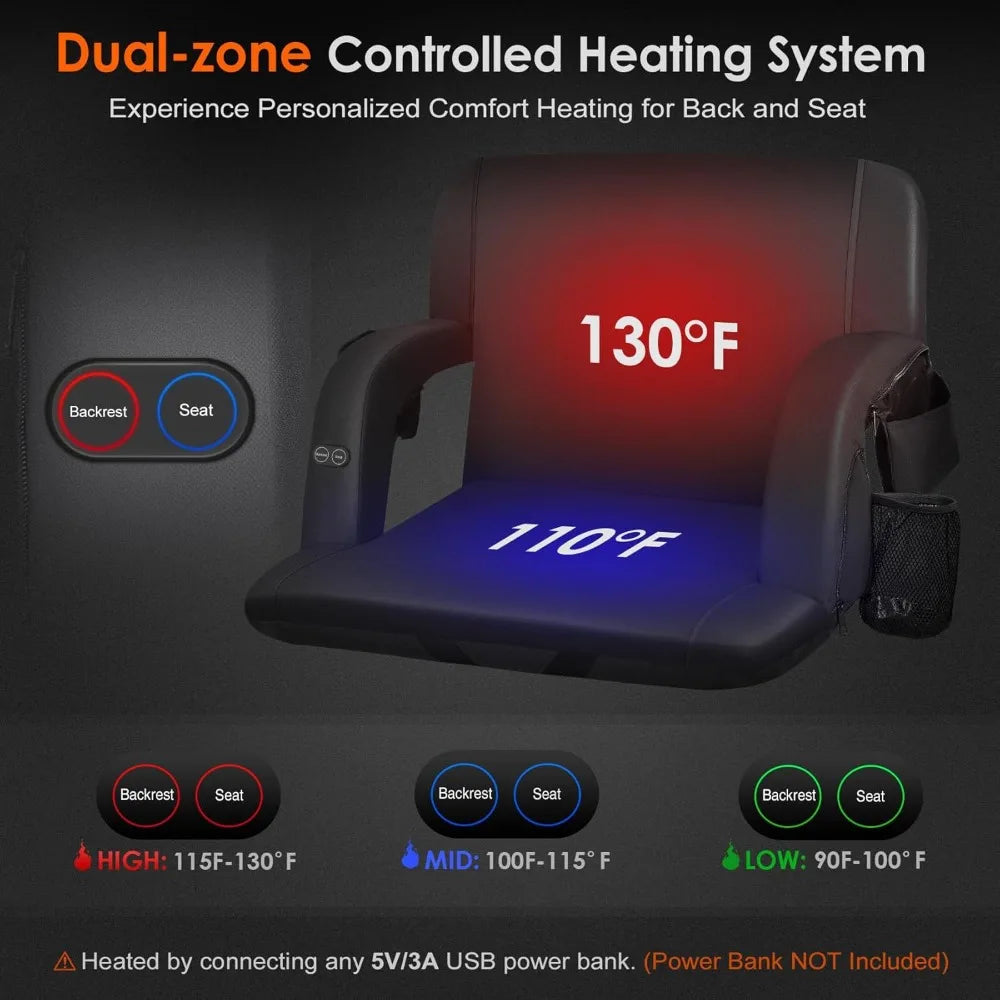 Dual-Sided Heated Stadium Seat with Back Support, 3 Heat Levels, Portable Folding Chair for Outdoor Bleachers