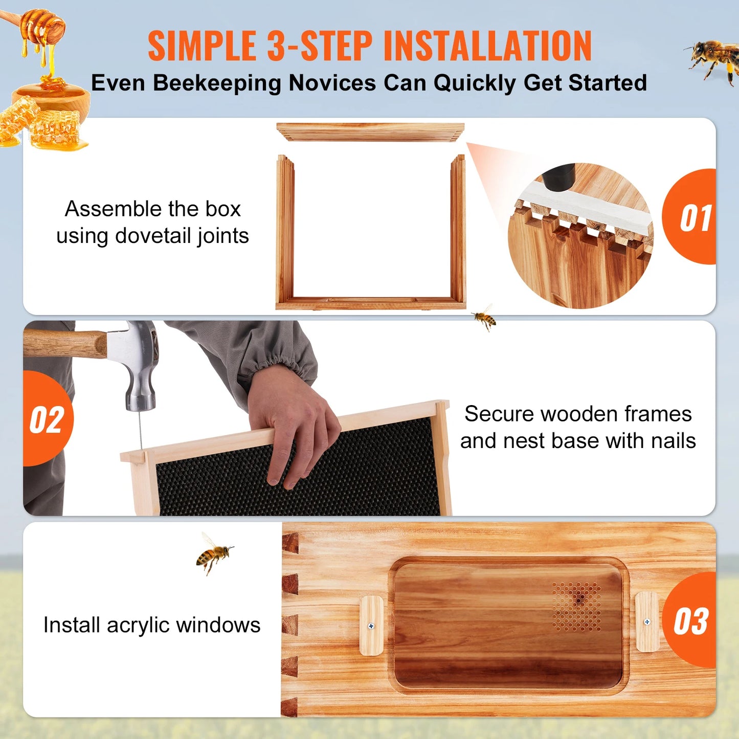 SucceBuy Cedar Langstroth Beehive Deep Box Starter Kit Acrylic Windows