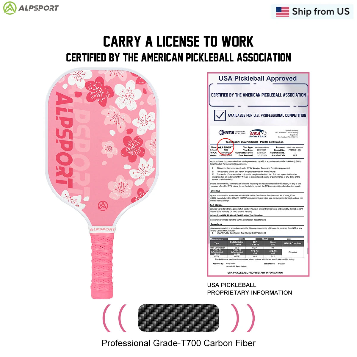 ALPSPORT Sakura USAPA Pickleball Paddle Women's T700 With 2 Free Balls Carbon Fiber Beginner-Friendly Pro Training Set Pink