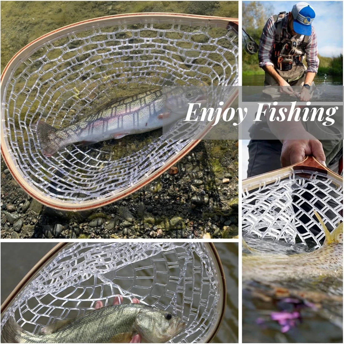 Fishing Net Fly Fishing Landing Net with Soft Mesh Wooden Landing Net for Fly Fishing Catch Release Fish Net with Wood Handle