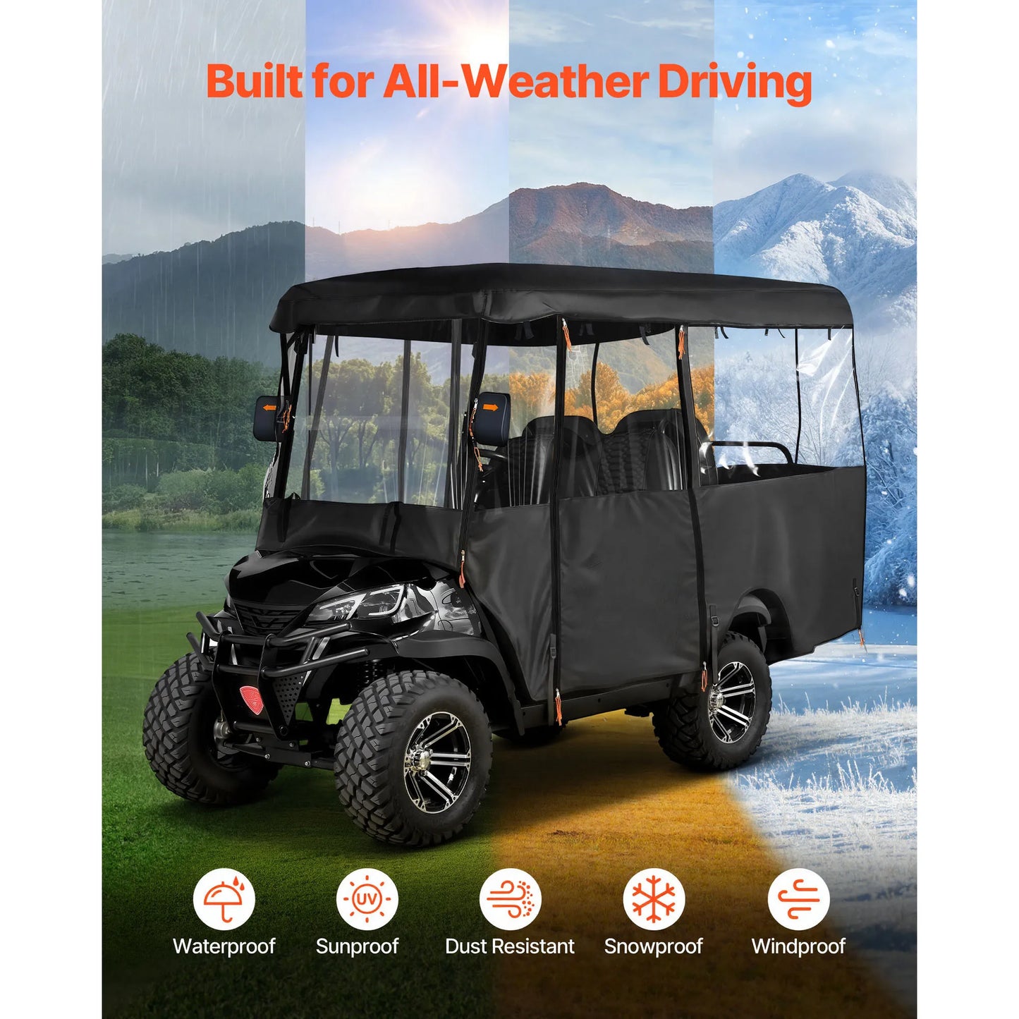SucceBuy Golf Cart Cover Visible Full-Enclosure 2+2/4 seat 420D Waterproof Oxford PVC Coating Windproof Hook Fits Most Carts