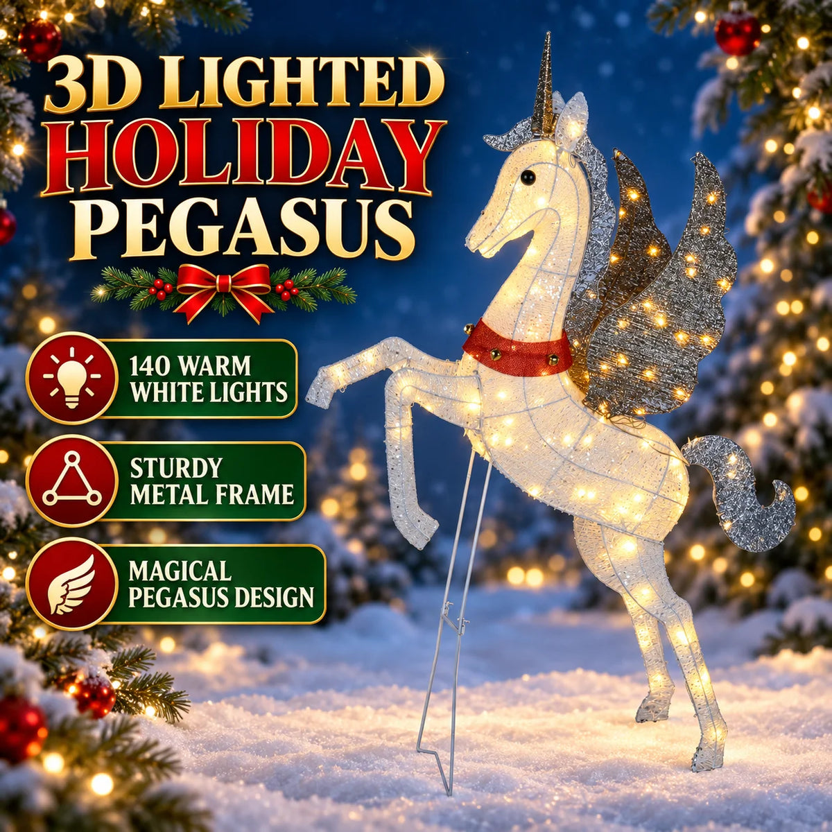 3D Lighted Unicorn Holiday Decoration With Warm White Lights