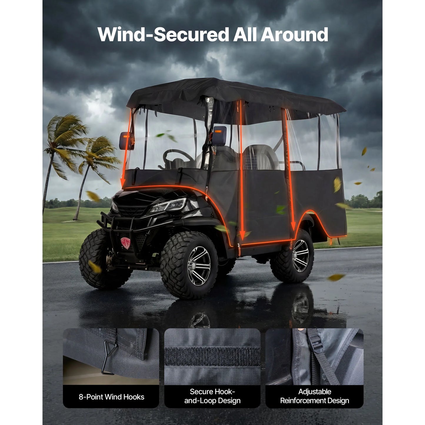 SucceBuy Golf Cart Cover Visible Full-Enclosure 2+2/4 seat 420D Waterproof Oxford PVC Coating Windproof Hook Fits Most Carts