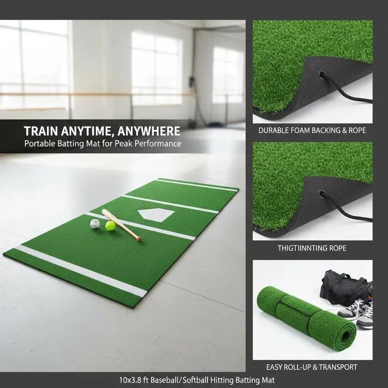 Baseball Softball Hitting Mat 10x3.8 ft For Training Facility Gym Backyard, Lined Foam Backing Portable Practice Aid Tightening Rope Green
