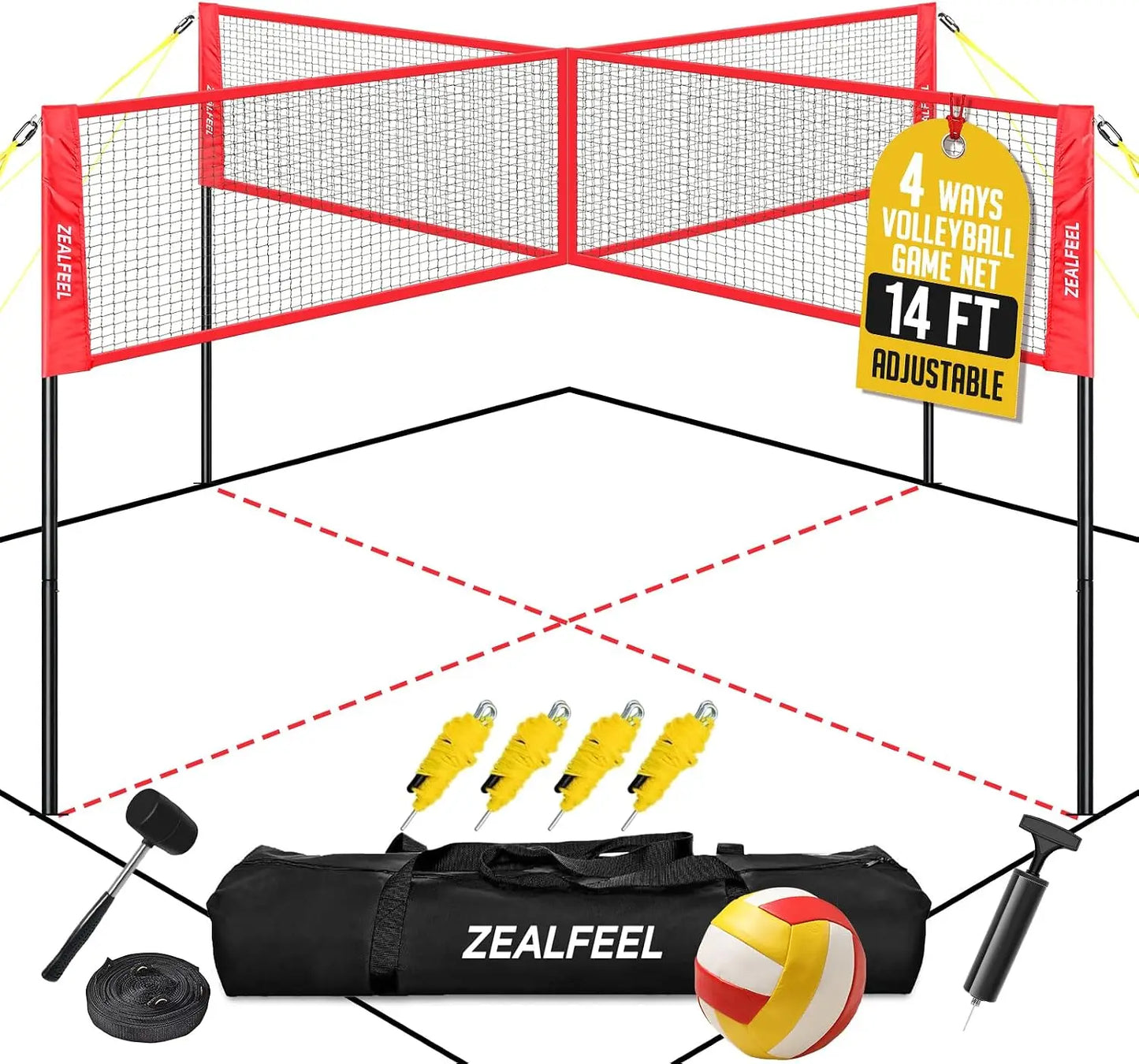 4-Way Volleyball & Badminton Combo Net, 3 Heights Adjustable, 14FT, with Ball, Pump, Carry Bag, for Backyard Beach Lawn