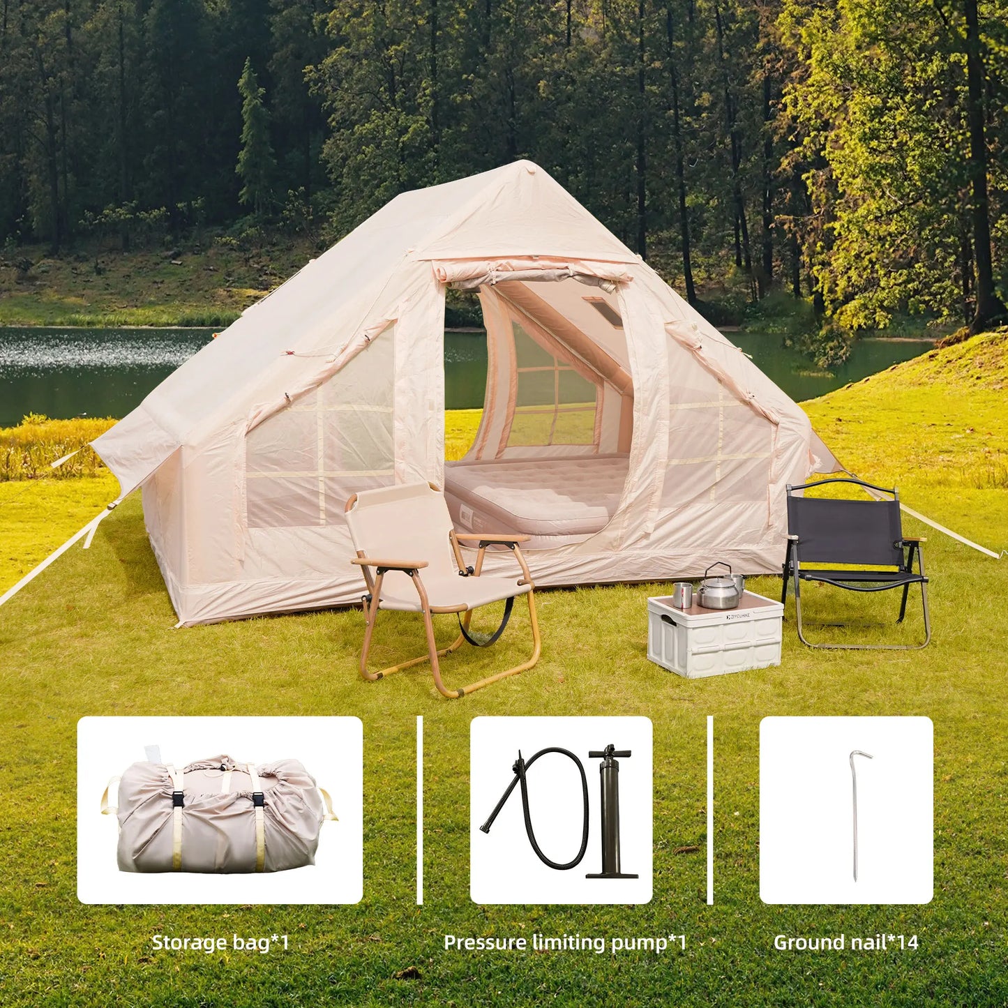 Inflatable Camping Tent With Chimney Window For Glamping Waterproof Windproof