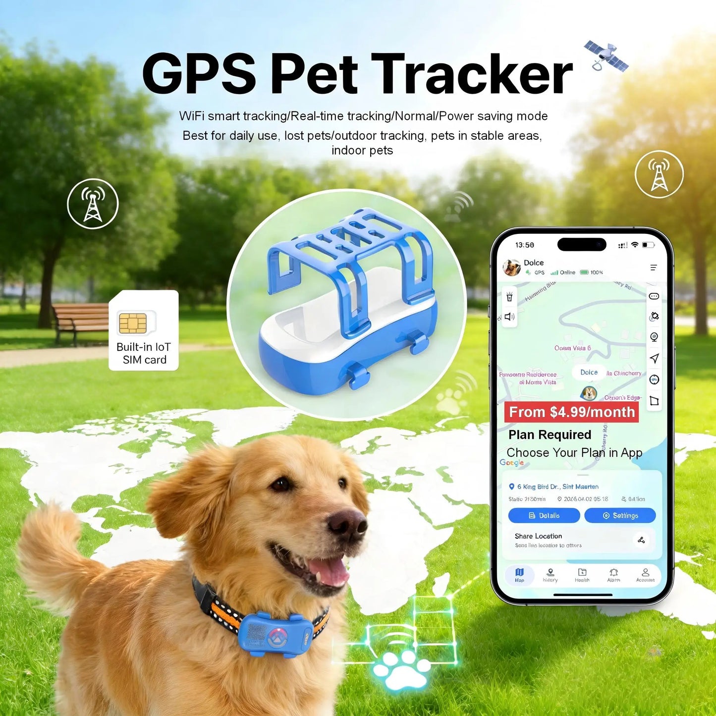 WANWAYTECH GPS Pet Tracker 4G Real Time Tracking IP67 Waterproof