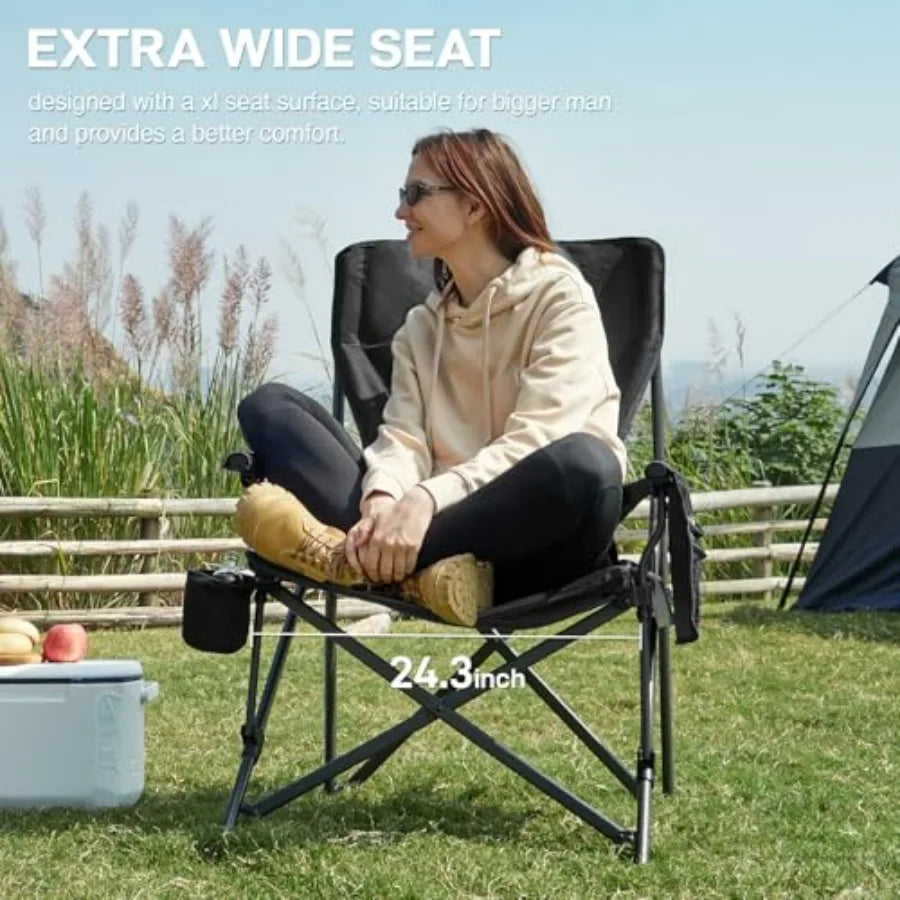 Oversized Folding Camping Chair for Adults with Adjustable Lumbar Support, Heavy Duty Chair with Side Pockets, Portable Collaps
