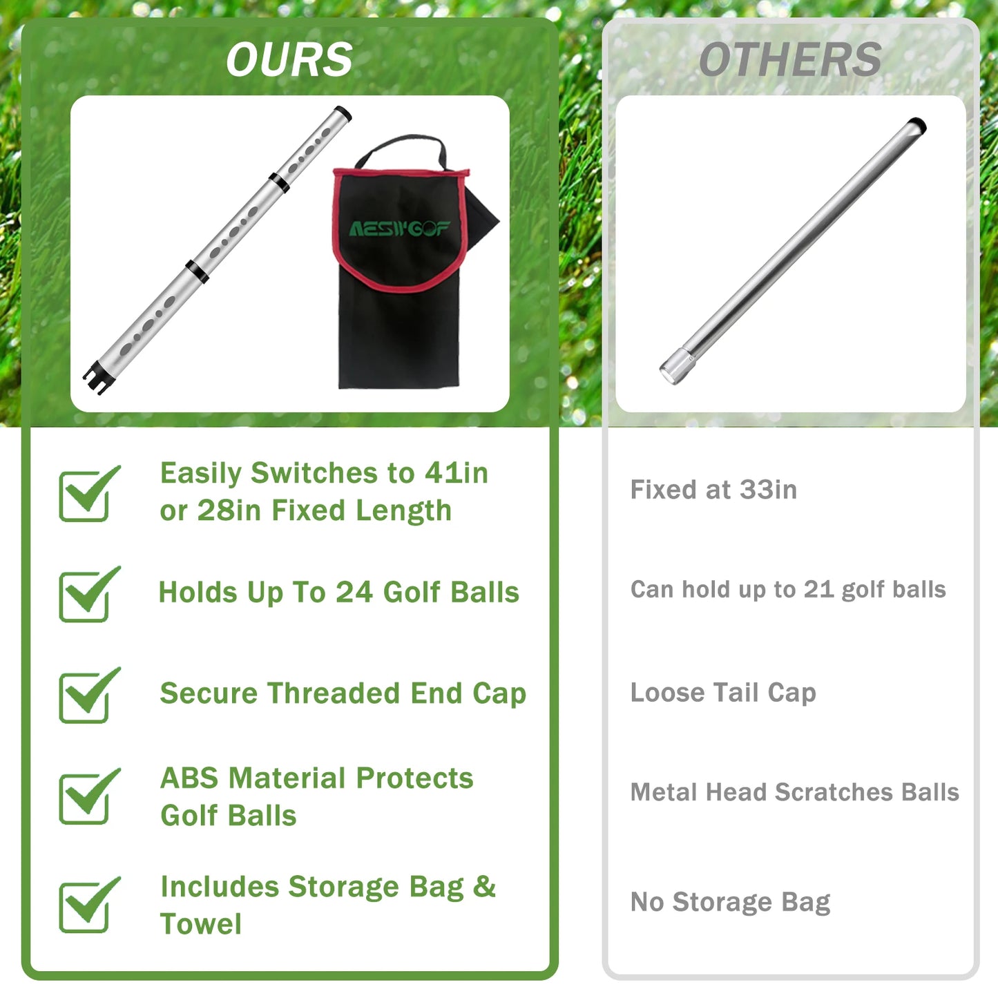 Golf Ball Retriever Aluminum Picker Upper Durable & Portable Ball Collector Tube Holds 24 Golf Balls with Carry Bag & Ball Towel