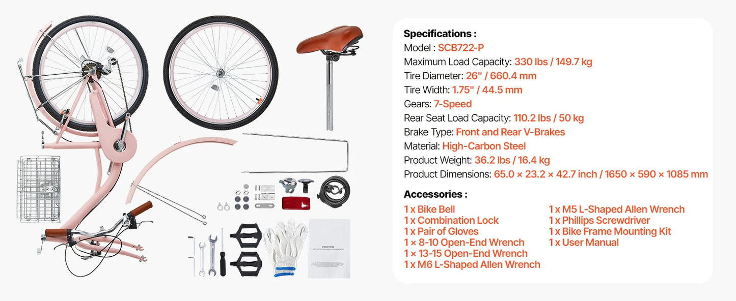 SucceBuy Steel Beach Cruiser Bike With Basket And Rear Rack