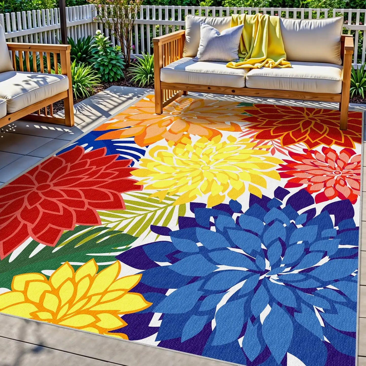 Washable Outdoor Rug Floral Pattern With Non Slip Backing UV Resistant Patio