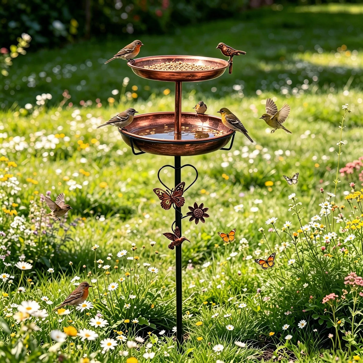 Double Layer Metal Bird Bath Stand with Five Prong Base