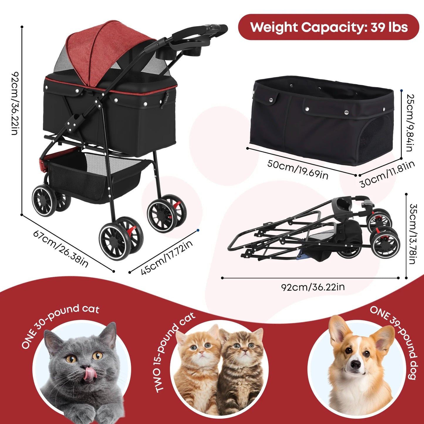 Chihuahua Pet Stroller Three Wheel Foldable With Breathable Mesh Canopy