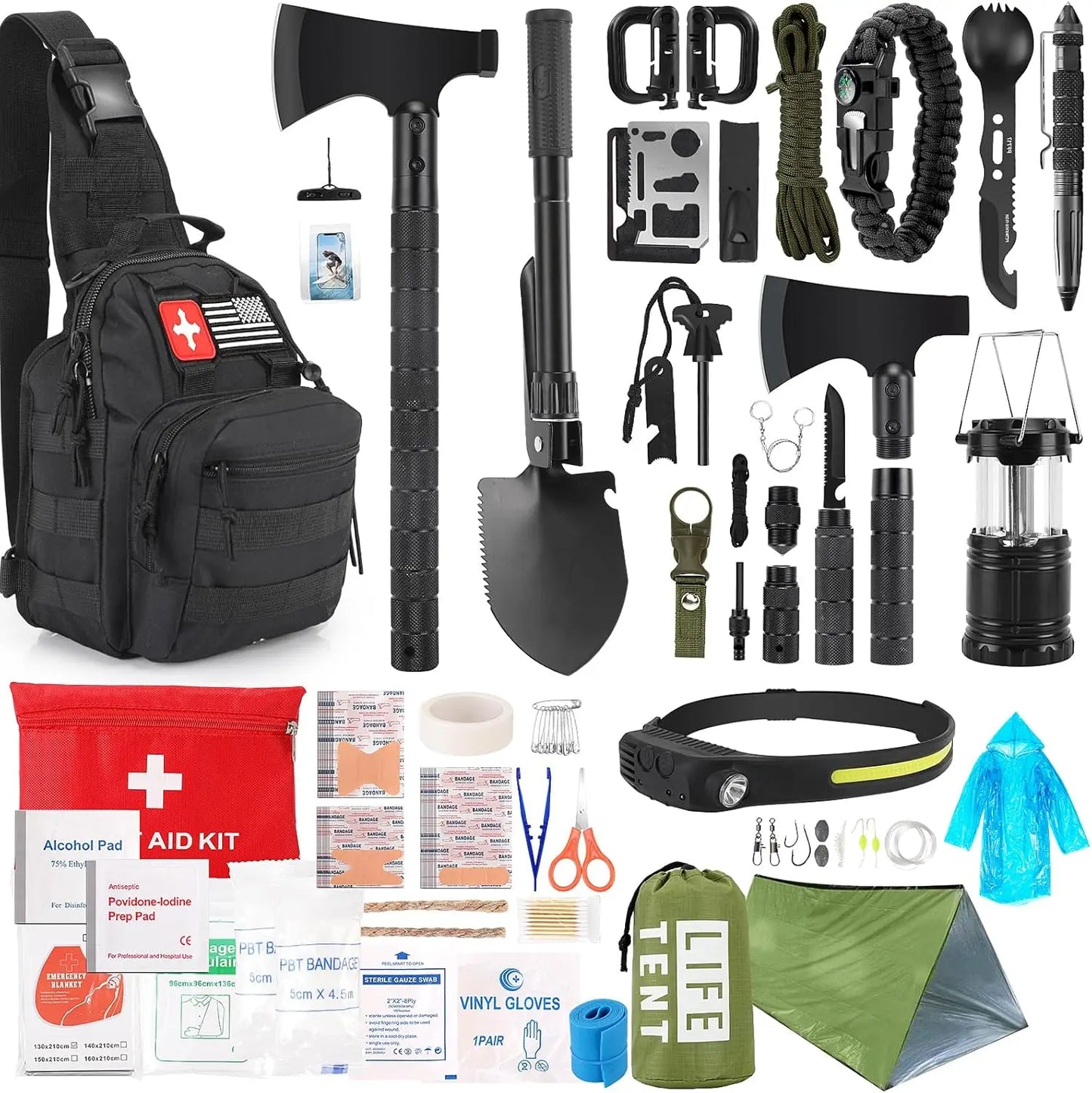 Emergency Survival Kit With First Aid Axe Headlamp Crossbody Bag Outdoors