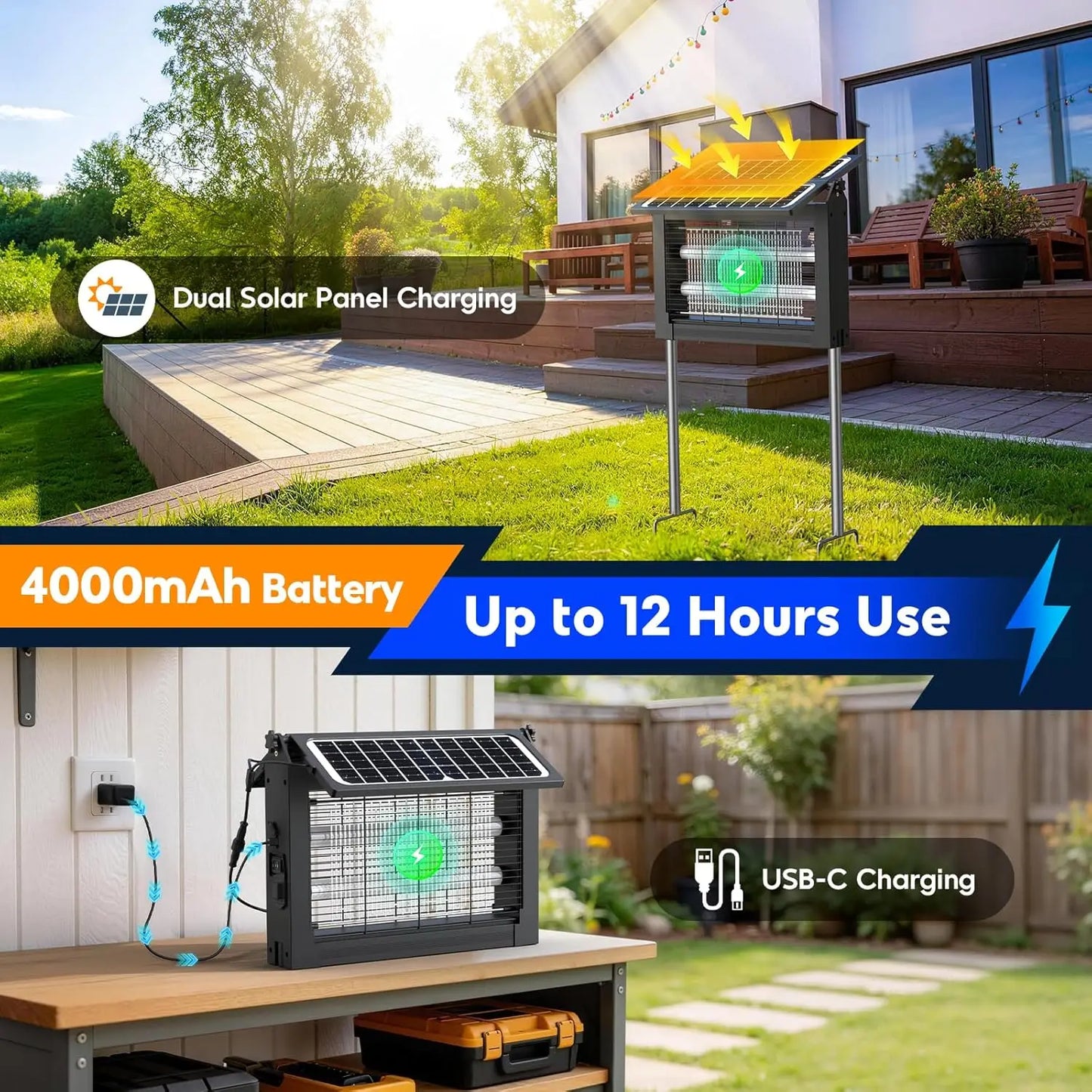 Solar Bug Zapper Outdoor, 4500V Electric Mosquito Zapper with Dual Solar Panels & USB Charging, IPX5 Waterproof Fly Trap