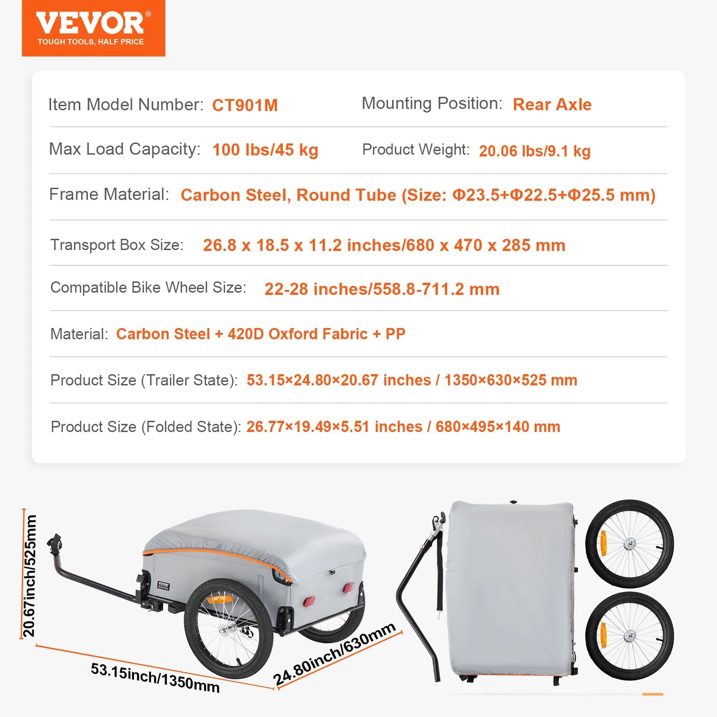 Bike Cargo Trailer Foldable Wagon With Waterproof Cover 100 Lb Capacity