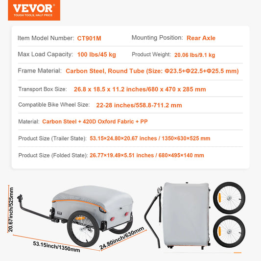 Bike Cargo Trailer Foldable Wagon With Waterproof Cover 100 Lb Capacity