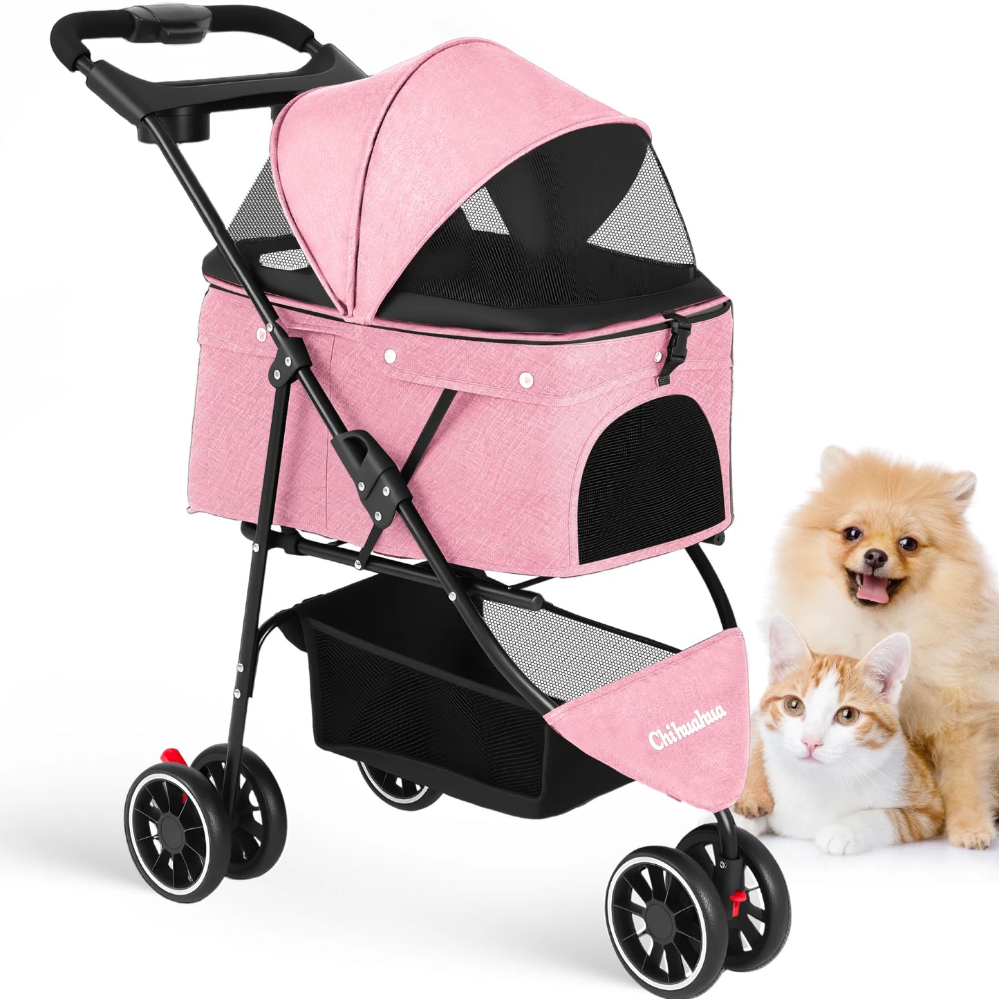 Chihuahua Pet Stroller Three Wheel Foldable With Breathable Mesh Canopy