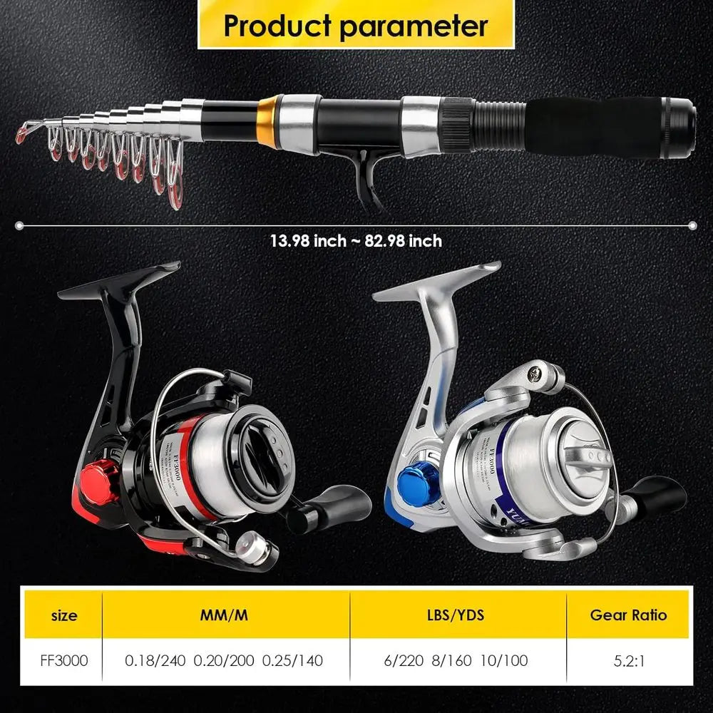 Collapsible 2-Piece 6.89FT Telescopic Fishing Rod Set with Spinning Reel, Lures, and Bag - Ideal for Saltwater & Freshwater Fish