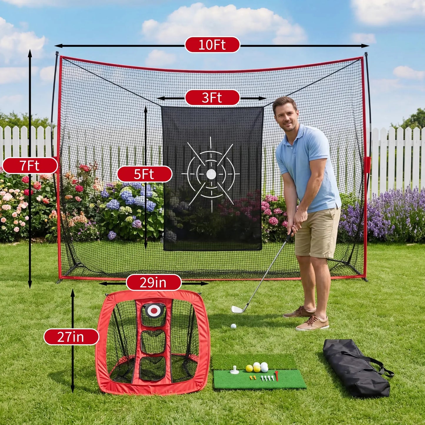 10x7ft Golf Net, Durable 5-Layer Golf Practice Net with Chipping Goal, Upgraded Poles, Mat, Balls, Tees & Carry Bag, Golf Hitting Net for Backyard Driving Real Golf Balls, Indoor Outdoor Golf Nets