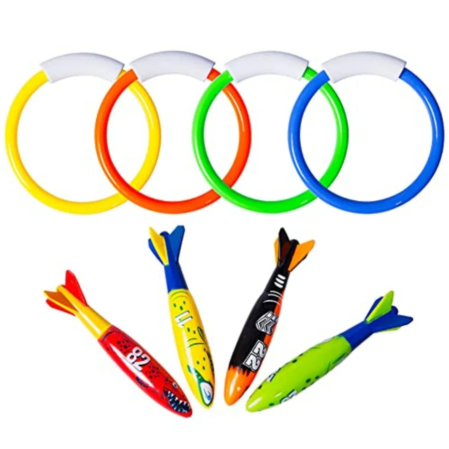 Underwater Pool Diving Toys, 8 Pcs Water Pool Toys for Ages 4-8 8-12 Diving Rings and Pool Torpedo Set Training Dive Rings Swim
