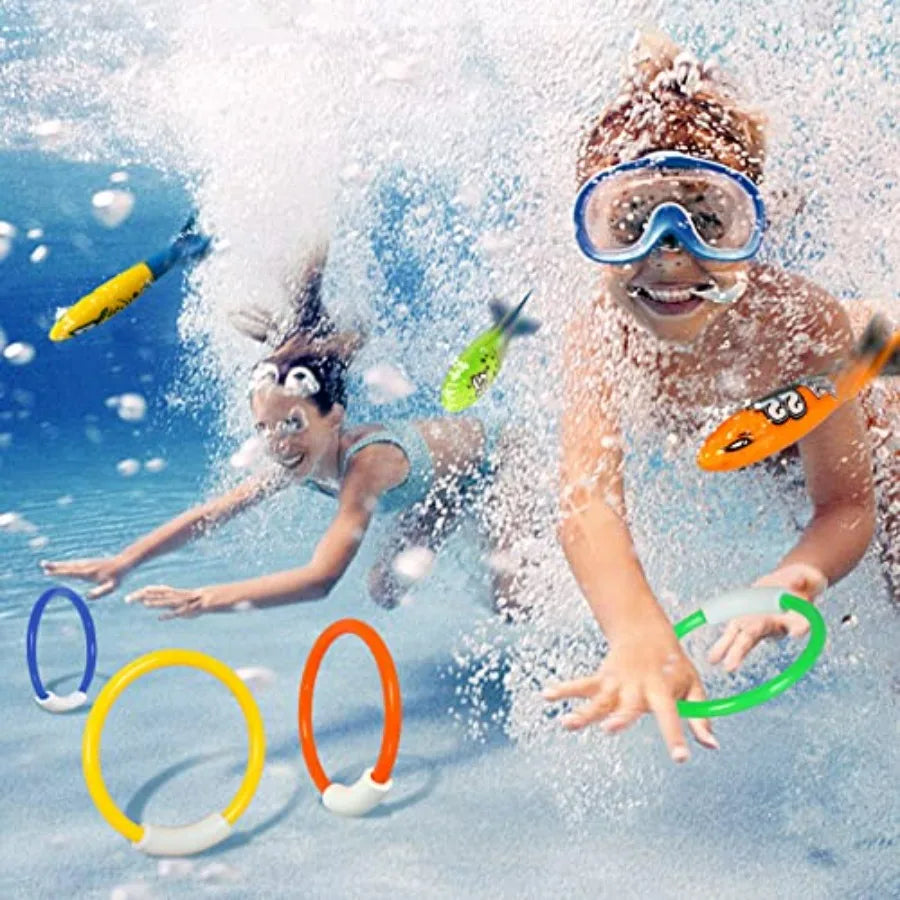 Underwater Pool Diving Toys, 8 Pcs Water Pool Toys for Ages 4-8 8-12 Diving Rings and Pool Torpedo Set Training Dive Rings Swim