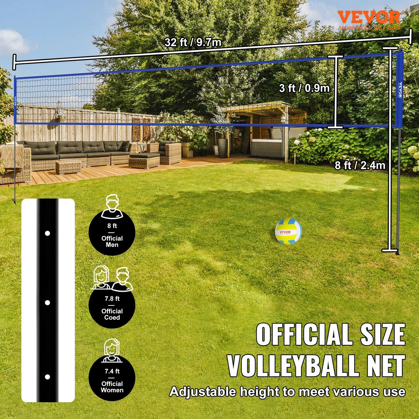 SucceBuy Outdoor Volleyball Net System Adjustable Height Steel Poles W/ PVC Volleyball Pump Carrying Bag for Backyard Beach Lawn