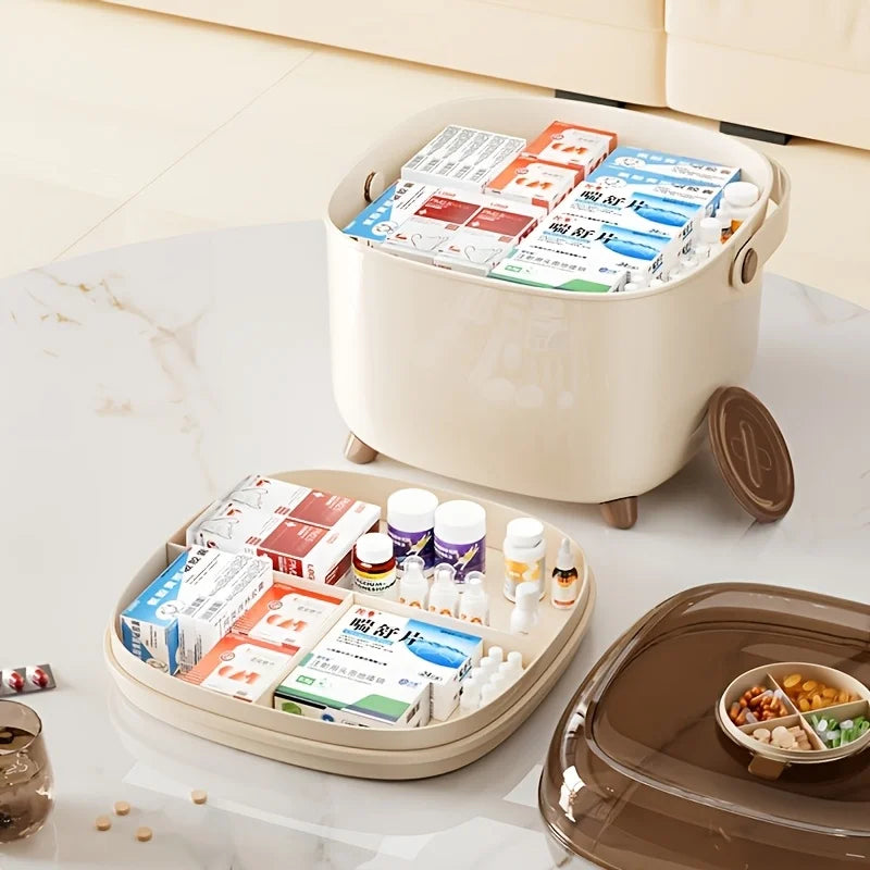 Double Layer Family Medicine Storage Box, Cream Portable First Aid Kit with Transparent Lid