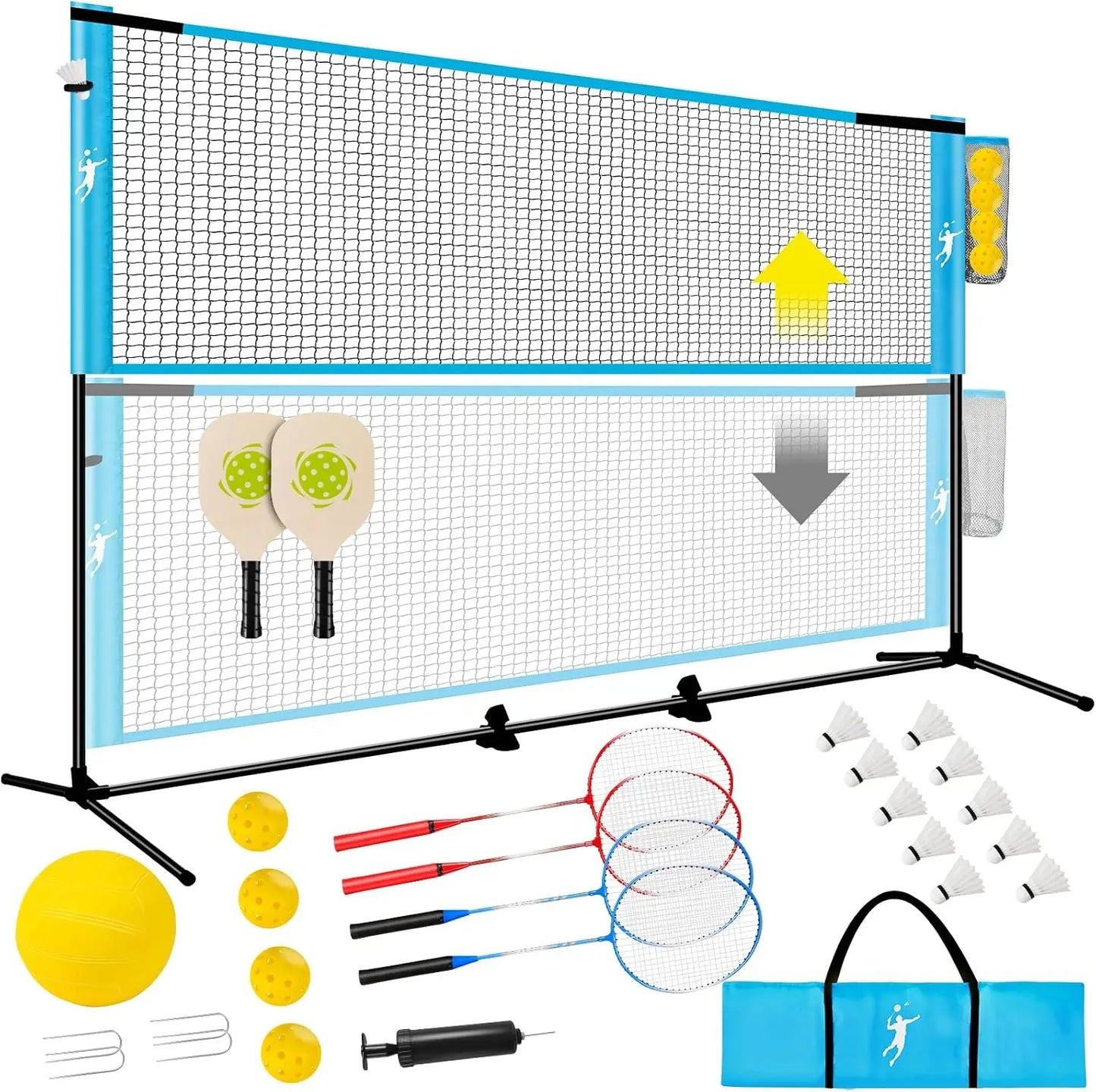 3-in-1 Pickleball Badminton Volleyball Net Set for Backyard, Portable with Adjustable Height, Paddles & Rackets