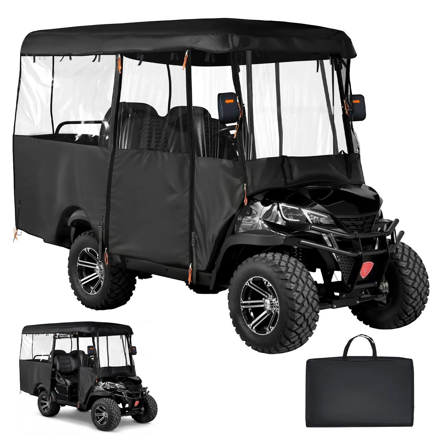 SucceBuy Golf Cart Cover Visible Full-Enclosure 2+2/4 seat 420D Waterproof Oxford PVC Coating Windproof Hook Fits Most Carts