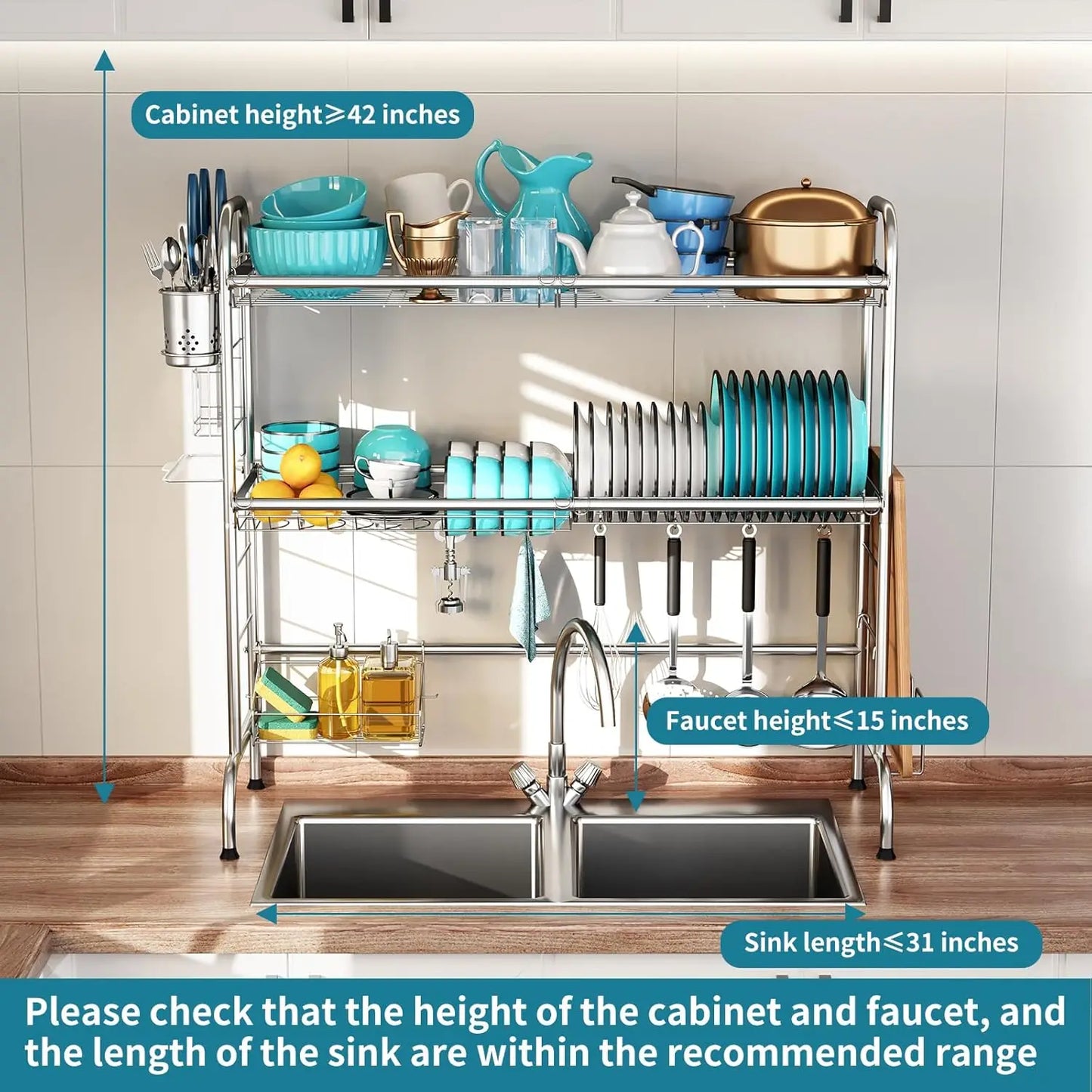 Stainless Steel Over Sink Dish Drying Rack with Utensil Holder, Large Capacity for Kitchen Counter