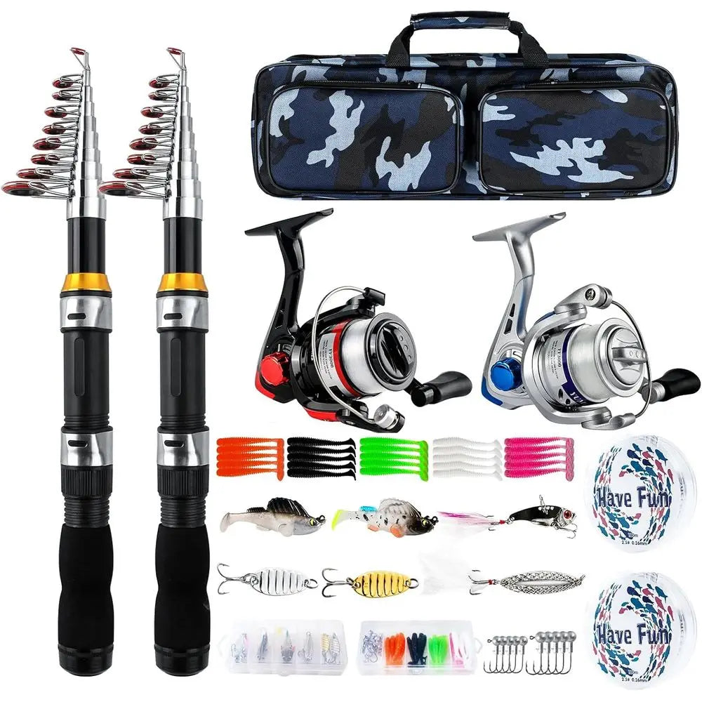 Collapsible 2-Piece 6.89FT Telescopic Fishing Rod Set with Spinning Reel, Lures, and Bag - Ideal for Saltwater & Freshwater Fish