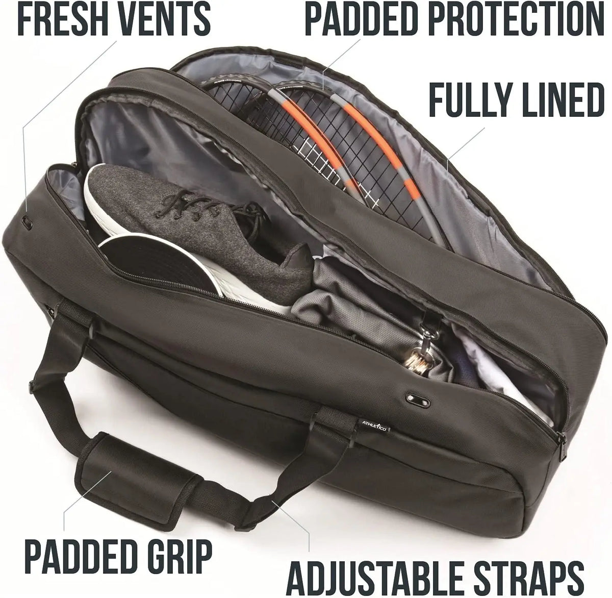 Tennis & Racquetball Bag for Men Women - Holds Rackets, Pickleball Paddles, Gear - Black
