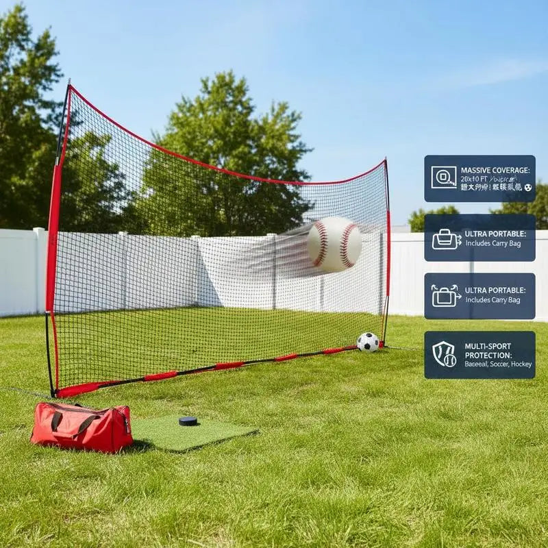 Athletic Barrier Netting 20x10 ft For Backyard Training Field Sport Center, Portable Practice Equipment Carry Bag Heavy Duty Mesh Nylon Material Baseball Softball Lacrosse Soccer Hockey Training Gear Accessory