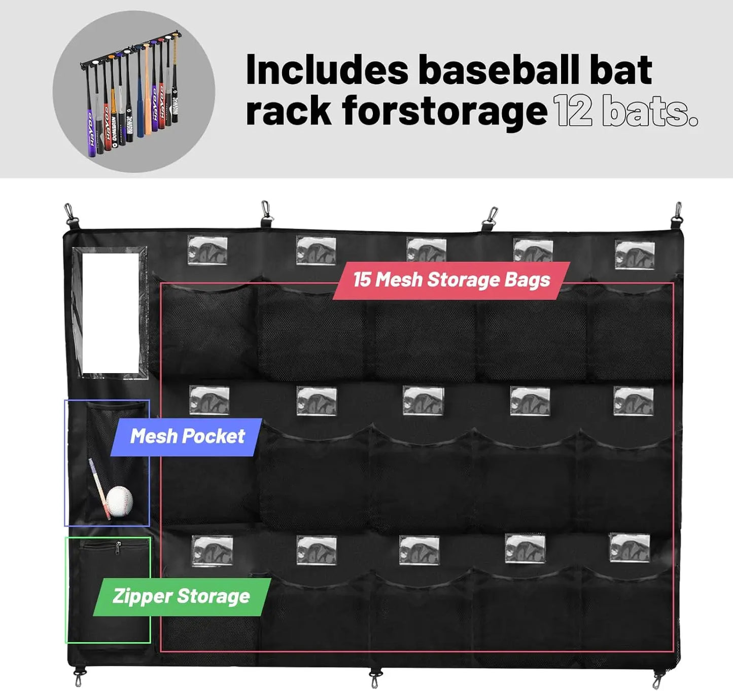 Baseball Helmet Bag with Bat Rack for 15 Players Baseball Softball Dugout Organizer Helmets Gloves Balls Organize Storage