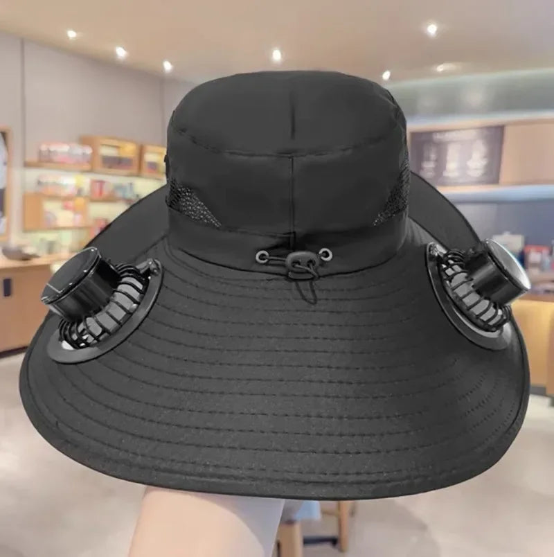 Large Size Quick Dry Bucket Hat with Solar Powered Fan USB Charging Sun Hat for Men Outdoor Hiking Camping Fishing Cooling Wear