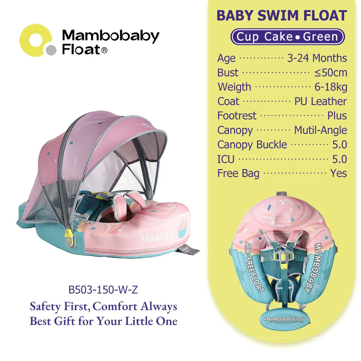 Mambobaby Float Safe Solid Core Comfort Skin-friendly Design with Canopy Baby Swimming Ring Toddler Pool Float Infant Water Ring