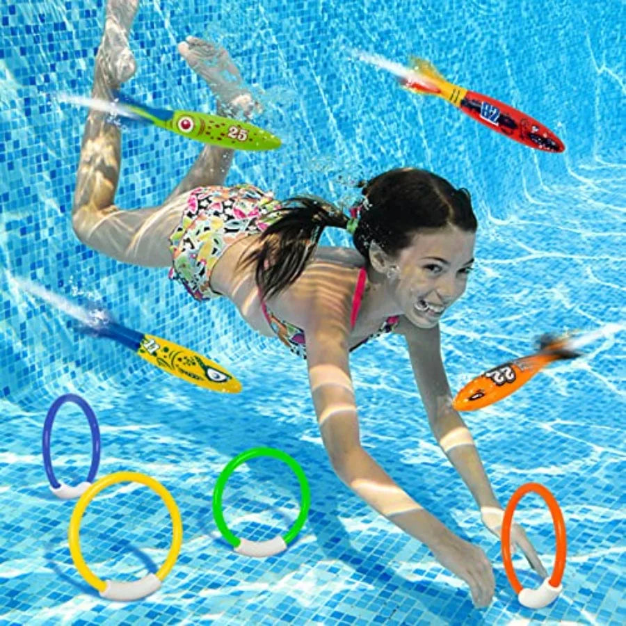Underwater Pool Diving Toys, 8 Pcs Water Pool Toys for Ages 4-8 8-12 Diving Rings and Pool Torpedo Set Training Dive Rings Swim